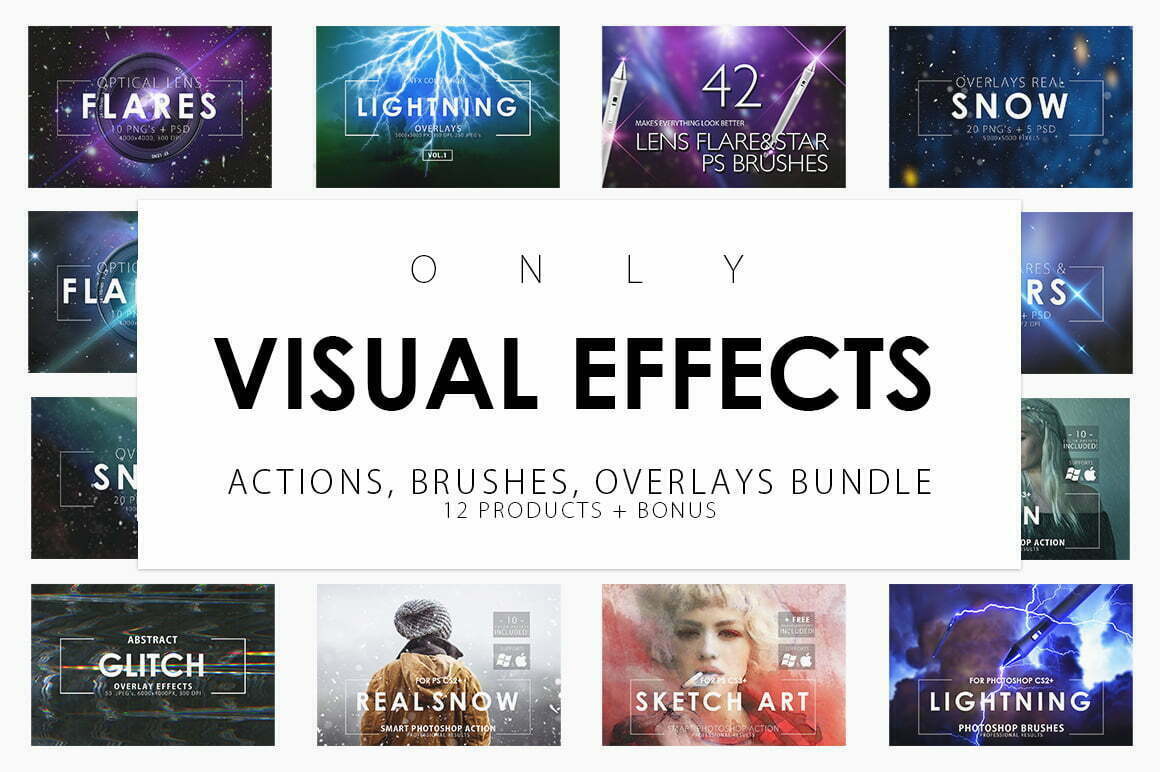 دانلود مجموعه تصاویر کلیپ آرت، براش و اکشن فتوشاپ با افکت های متنوع | CM Only Visual Effects Bundle 