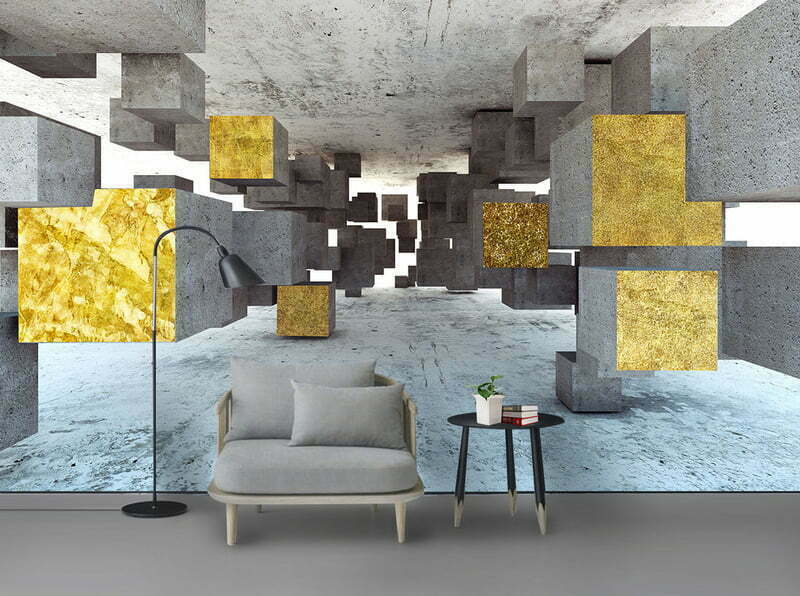 دانلود کاغذ دیواری اتاق نشیمن و اتاق خواب سه بعدی هندسی طلایی پست مدرن 