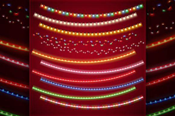 مجموعه ای از 11 برس وکتور رشته های جشن چراغ های کریسمس سفارشی کردن پروژه های تعطیلات خود را سریع و آسان می کند! قابل استفاده در تصاویر، کارت ها و غیره