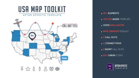 پروژه افترافکت بسته ابزار نقشه ایالات متحده آمریکا Usa Map Toolkit