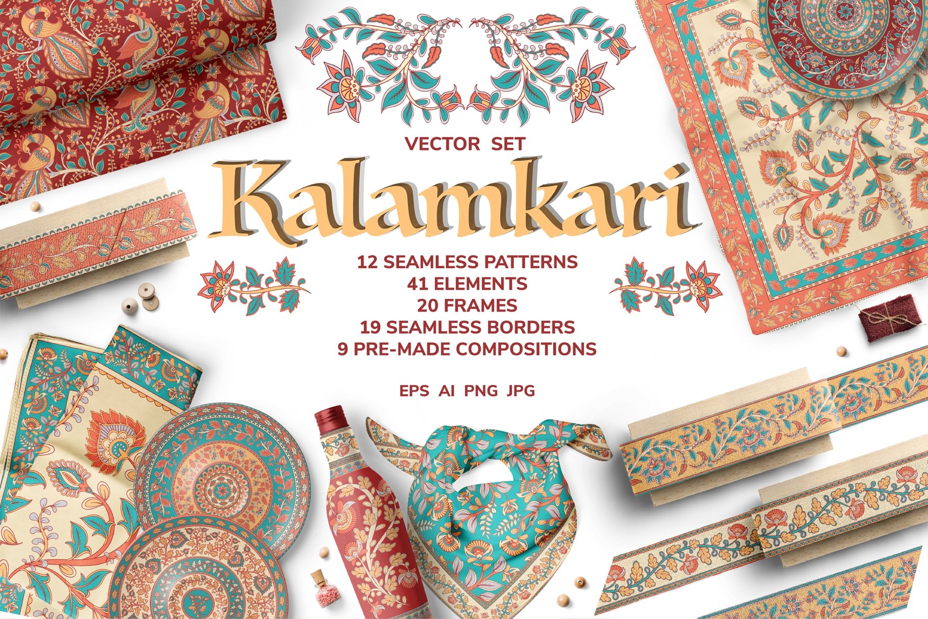دانلود باندل طراحی و قلمکاری، پترن ، فریم Kalamkari Vector Set Ornaments Bundle 
