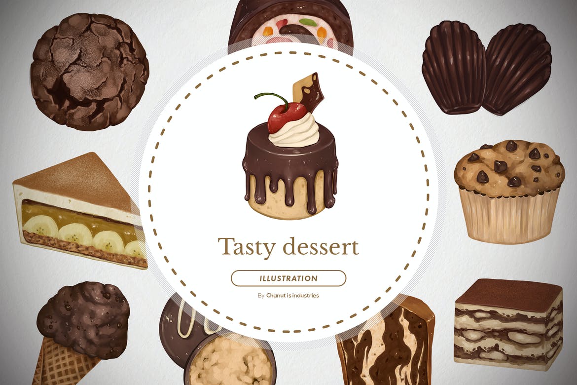 دانلود تصاویر دسر شکلاتی خوشمزه Tasty Chocolate Dessert Handdrawn Illustration