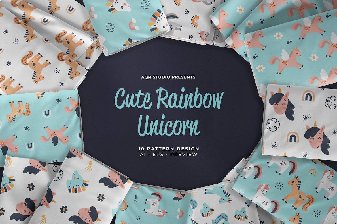 دانلود مجموعه پترن تکشاخ رنگین کمان Cute Rainbow Unicorn