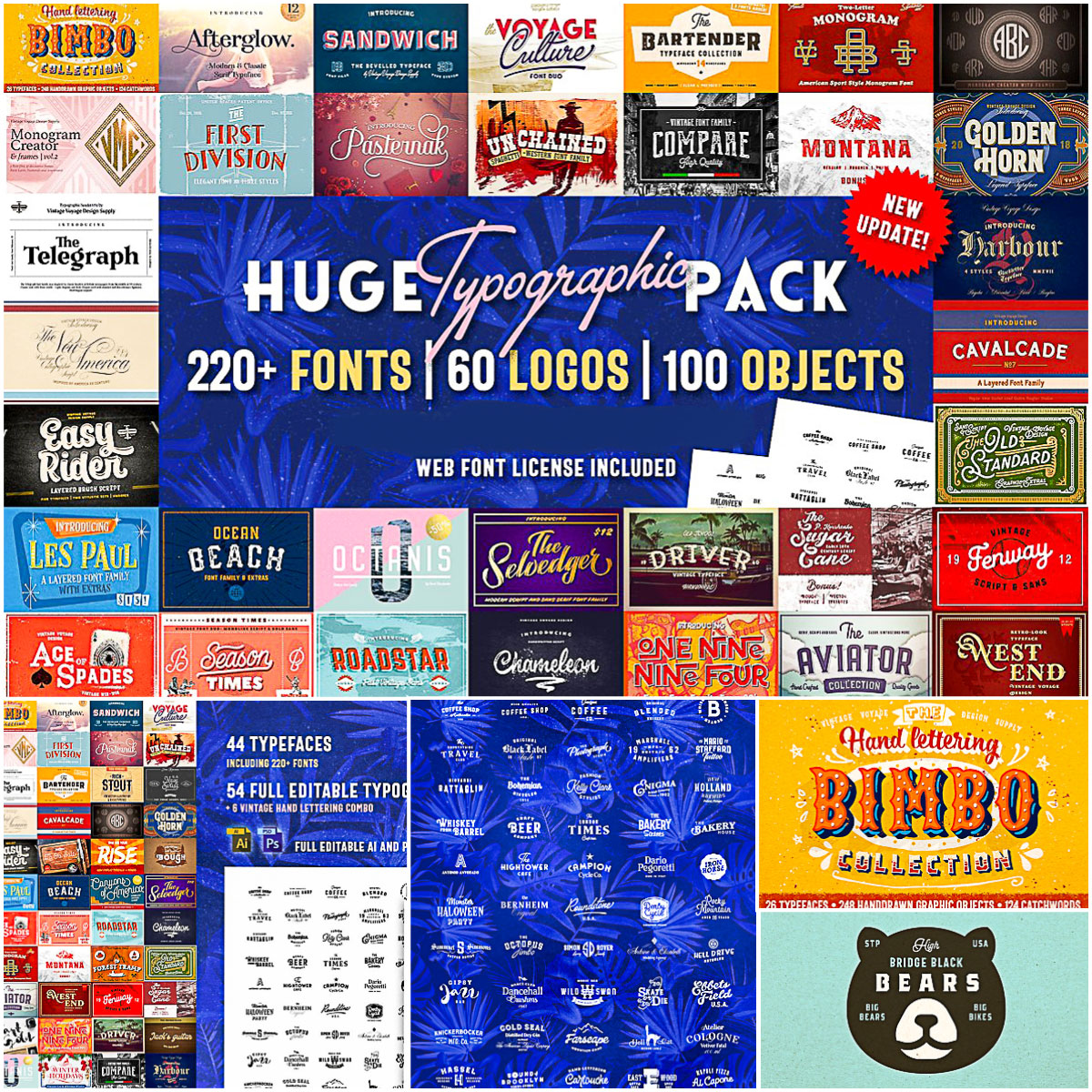دانلود 221 فونت + 60 لوگوی حرفه ای Huge Typographic Pack and 60 Logos