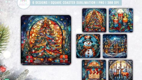 دانلود طرح زیر لیوانی مربعی Stained Glass Christmas Square Coaster