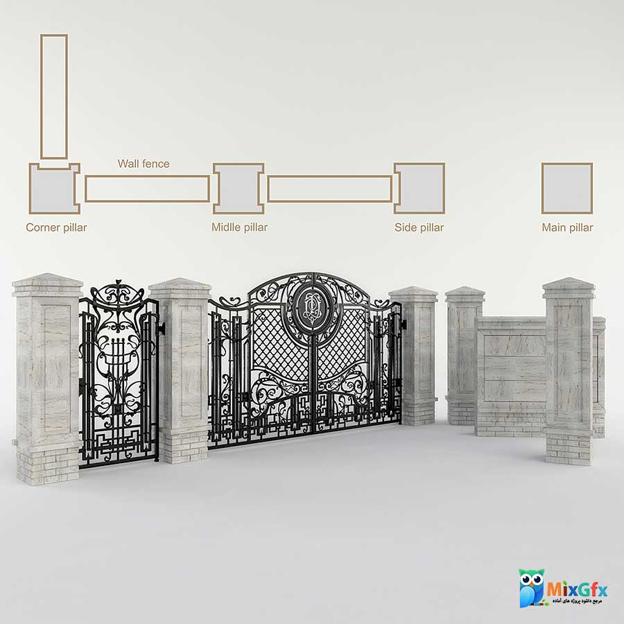 دانلود مدل سه بعدی دروازه فرفورژه به همراه دیوار Forged gate with a gate