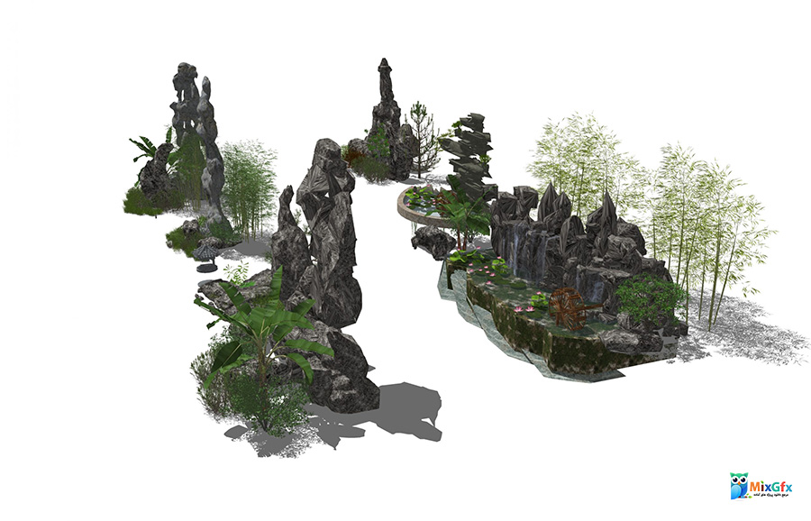 دانلود مدل  اسکچاپ سه بعدی منظره باغ و صخره 3D Garden Sketchup