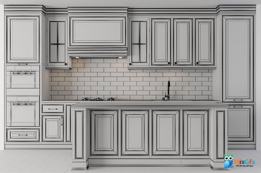 دانلود مدل سه بعدی آشپزخانه نئو کلاسیک کرم رنگ Kitchen NeoClassic